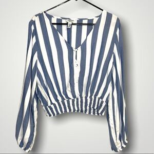 Arizona Women’s Blue White Striped V-Neck Button Down Blouse Size Large